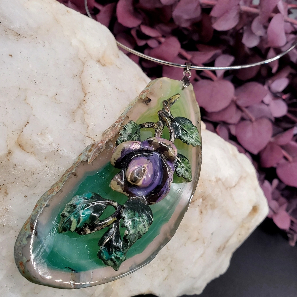 Necklace Agate Pendant Rhodium Floral Enameled Pendant Artisan Gift